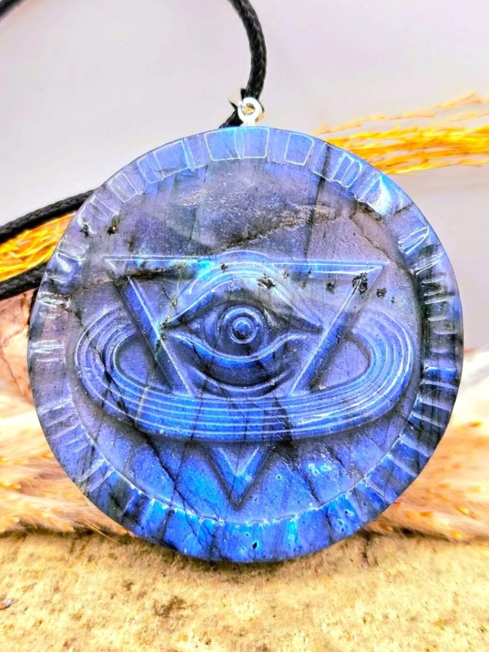 Natural Labradorite Pyramid All‑Seeing Eye Pendant Necklace • Strong Flash